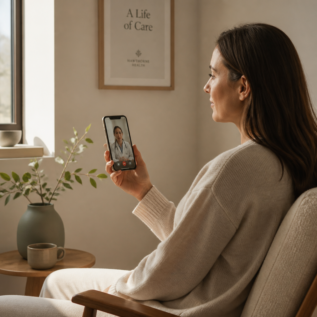 Adult patient meeting a licensed NuvoRx clinician by secure video call from home