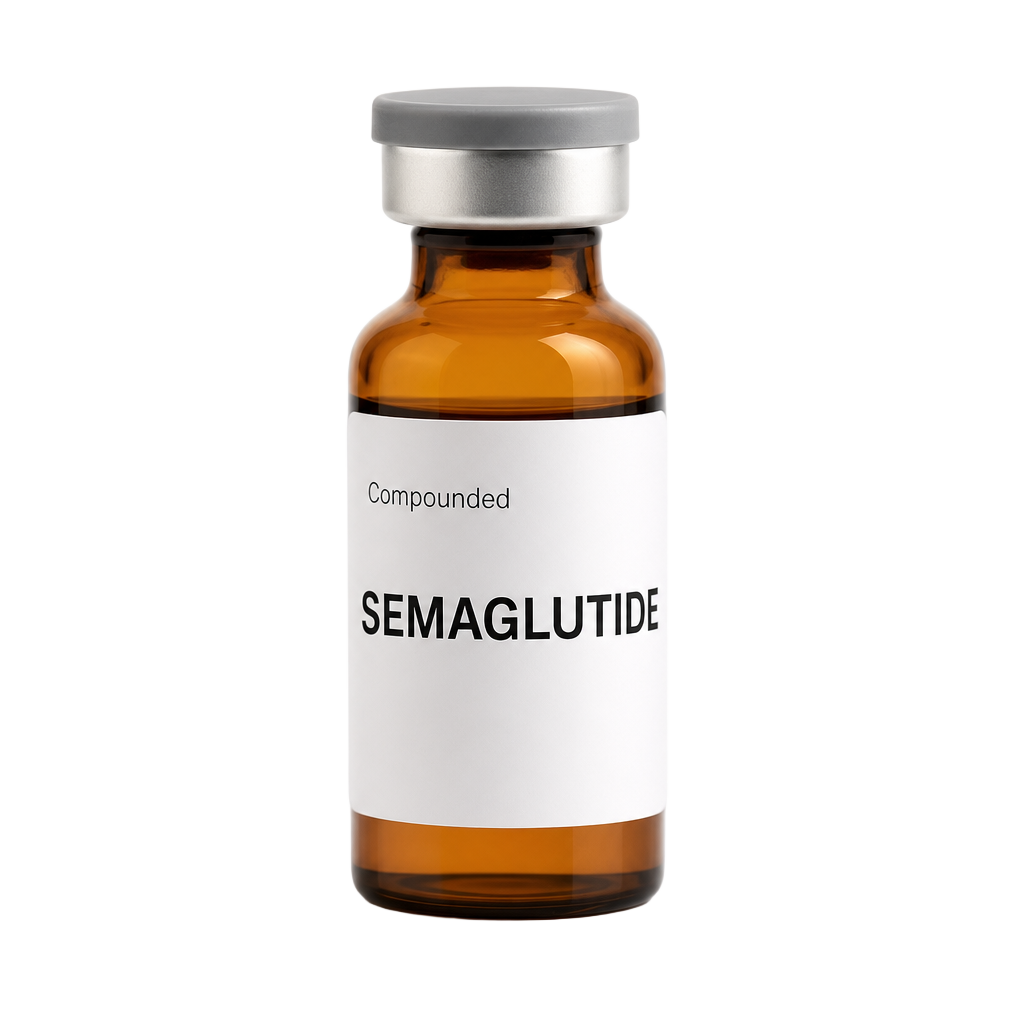 Unbranded vial labeled SEMAGLUTIDE on a clean clinical background