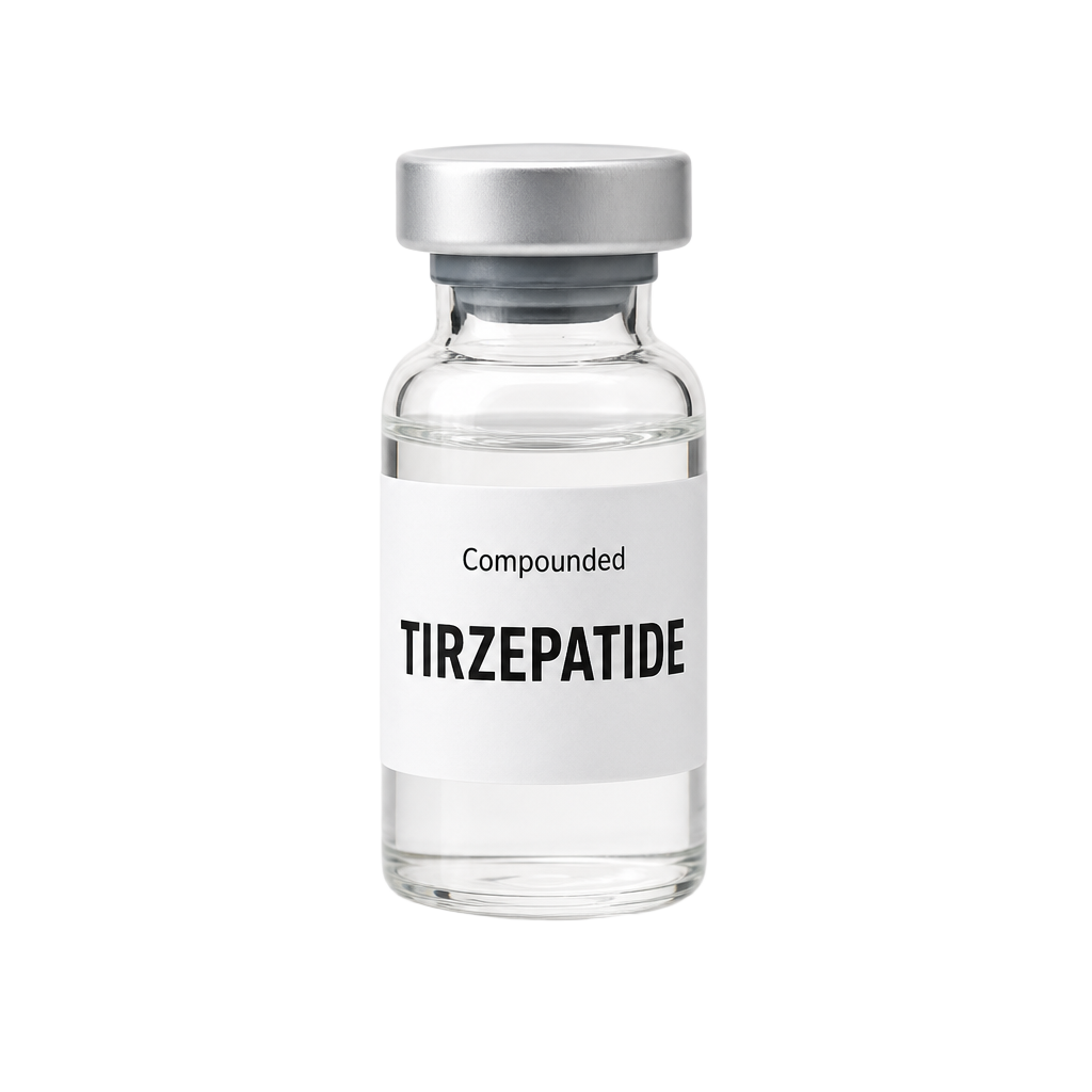Unbranded vial labeled TIRZEPATIDE on a clean clinical background
